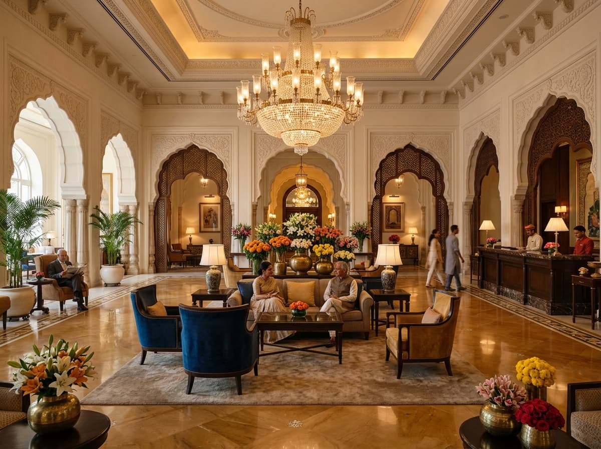 Grand hotel lobby with chandelier and elegant seating