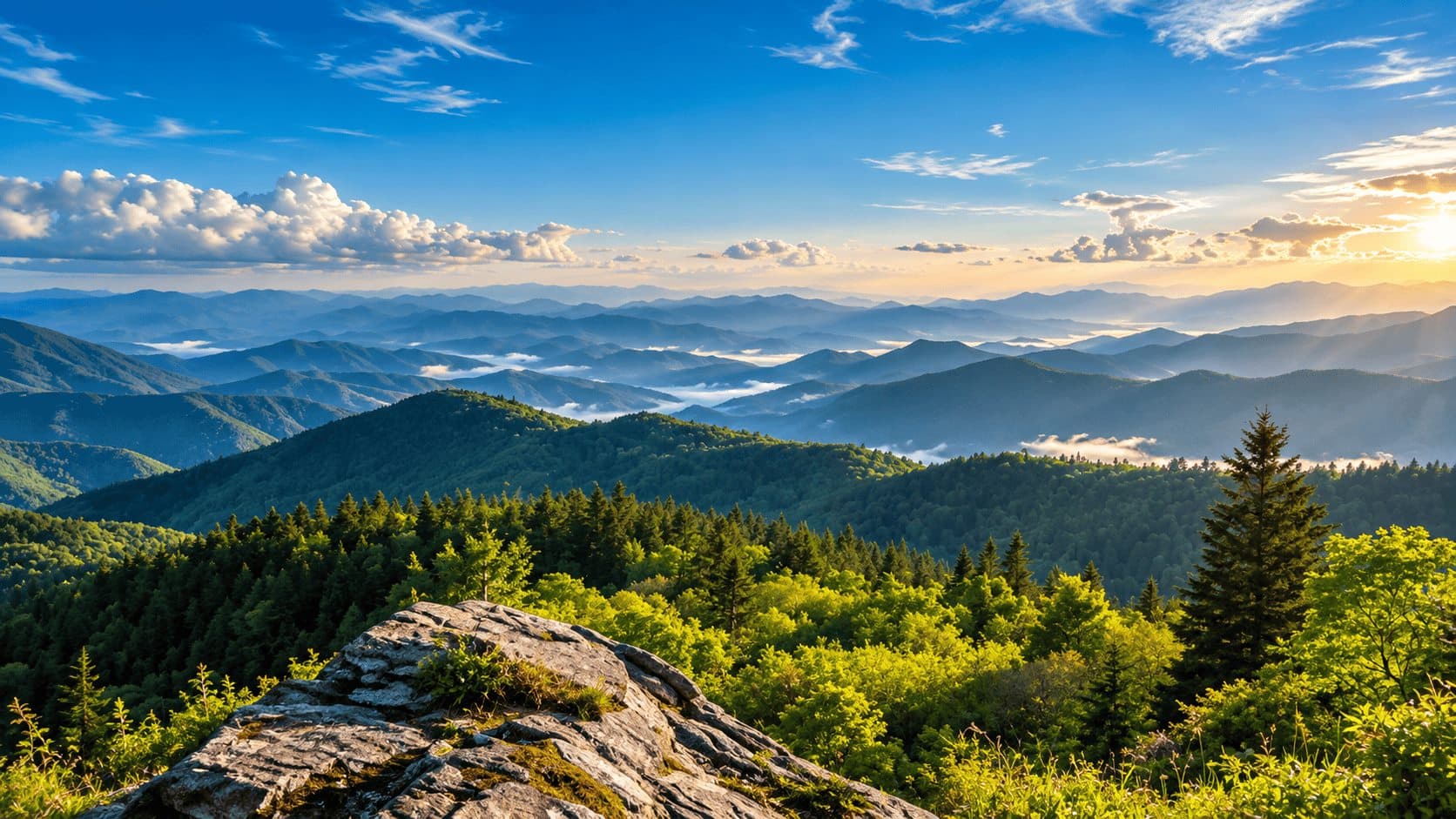 Sunlit mountain panorama at dawn